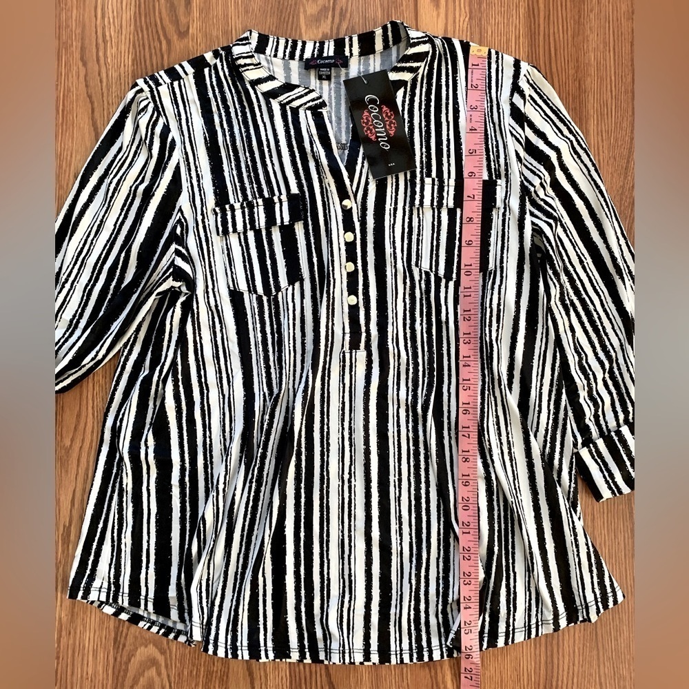 COCOMO XL White Black 3/4 sleeve women’s Pintuck Blouse tunic top shirt - Picture 9 of 12